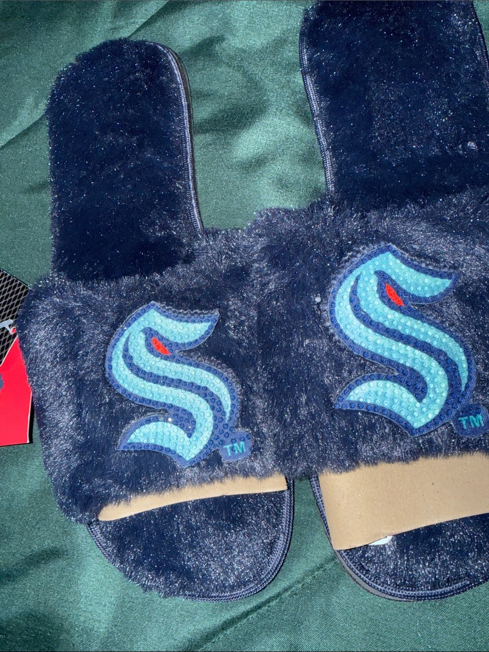 Plush Navy Slip-On Slides with Light Blue 'S' Detail